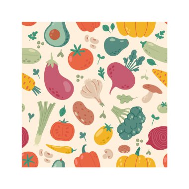 Domates, avokado, balkabağı ve patlıcan gibi renkli sebzeler sağlıklı beslenmeyi ve çeşitli uygulamalar için canlı tasarımı teşvik eden kusursuz bir desen oluşturur.