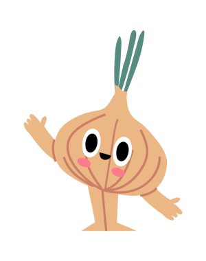 Elleriyle mutlu soğan sallayan çizgi film karakteri, gülen yüzlü şirin sebze, çocuklar için sağlıklı yemek, çocuk kitabı veya çıkartması için komik kişilik.