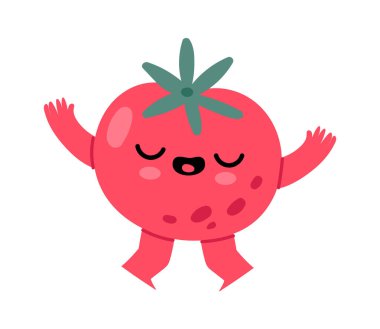 Neşeli bir domatesin sevinçle zıplamasının çizgi film çizimi, kollar selamla yükseliyor, gözler neşeli bir ifadeyle kapanıyor, sağlıklı beslenme projeleri için ideal.