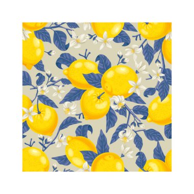 Olgun sarı limonlar, yapraklar ve açık yeşil arka planda büyüyen beyaz çiçeklerle kusursuz bir desen taze ve canlı bir tasarım yaratır.