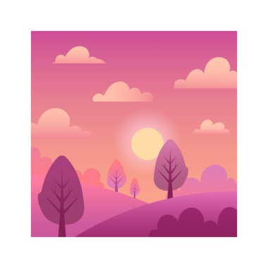 Minimalist vektör manzarası, yuvarlanan tepelerin üzerinde, şekillendirilmiş ağaçlar ve pembe ve mor tonlarda kabarık bulutlar, huzur ve sükuneti çağrıştıran batan bir güneşi gösteriyor.