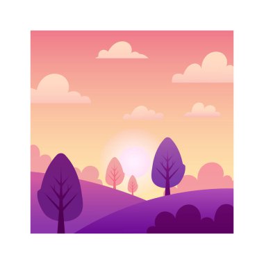 Yuvarlanan tepeler ve parlak mor ve turuncu günbatımıyla aydınlatılan çıplak ağaçlardan oluşan stilize bir manzara. Pofuduk bulutlar gökyüzünde sürükleniyor, sakin bir akşam atmosferi yaratıyor.