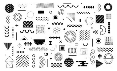 Soyut geometrik element. Memphis tarzı elementler. Yarım ton, noktalar, üçgenler, desenler, çizgiler, daireler, geometrik şekiller içeren Retro 80 'lerin estetik bileşimi, vektör kümesi