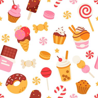 Tatlı kalıbı. Kusursuz bir geçmişi var. Şekerleme, kek, dondurma, donut, çikolata ve tatlı yiyecekli çizgi film karakteri. Lezzetli tatlılarla renklendirilmiş. Vektör duvar kağıdı.