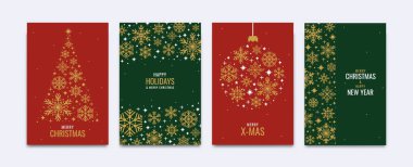 Mutlu Noeller tebrik kartı. Mutlu yıllar davetiyesi. Kış kar taneleri, yıldızlar, Noel ağacı, oyuncak ve metin içeren Xmas altın posteri. Tatil kış süsleri. Vektör seti.