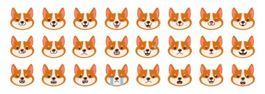 Dogs emotions. Corgi character face. Cartoon dog expressions with happy, angry, sad, smile, cry faces with tongue, nose. Funny puppy emoticons. Cute pet icons. Vector set.