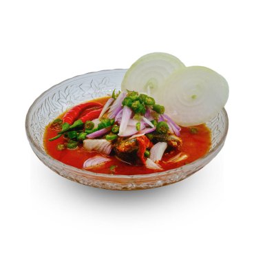 Canned fish and onions isolated on white background