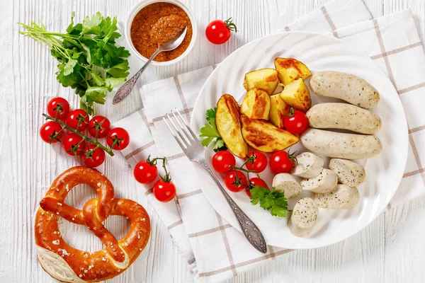 Weisswurst Bavarian White Sausage Minced Veal Pork Back Bacon Spices — Stock Photo, Image