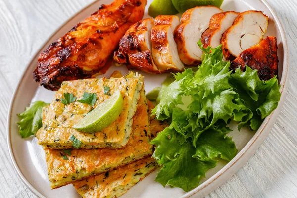 Baked Chicken Breasts Fresh Lettuce Slices Spinach Cheese Casserole Plate — Stock Photo, Image
