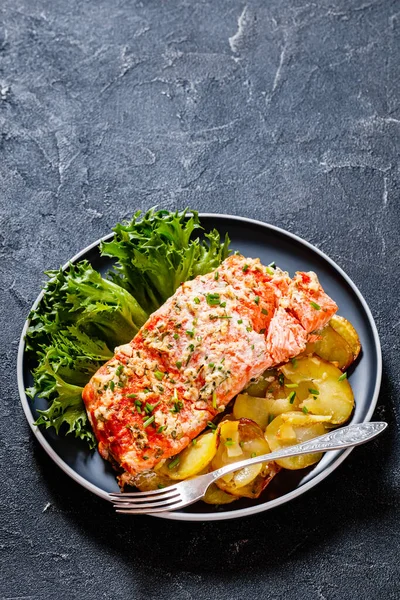 roast salmon with sliced baked potato. fresh lettuce and tarragon horseradish sour cream sauce on plate on concrete table, vertical view from above, free space