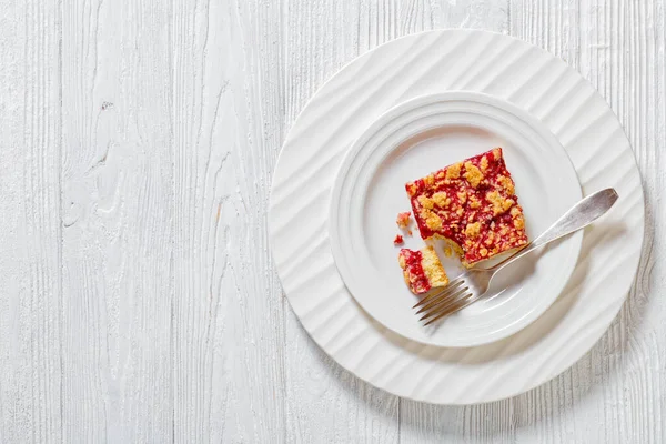 Raspberry Crumble Bars White Plate Dessert Fork White Wood Table — Stock Photo, Image