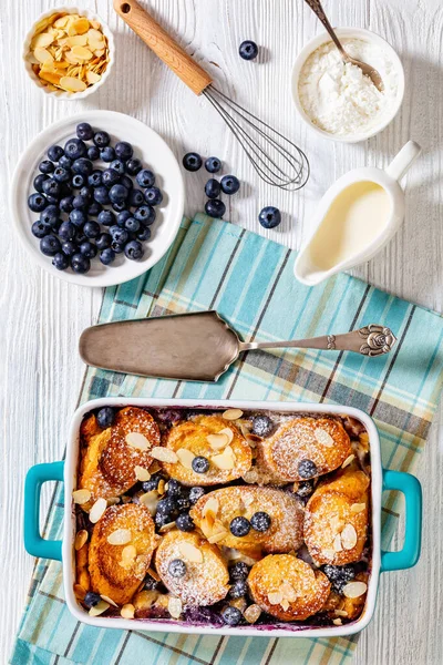 Baked Blueberry Almond Mascarpone French Toast Baking Dish Ingredients White — Stock Photo, Image