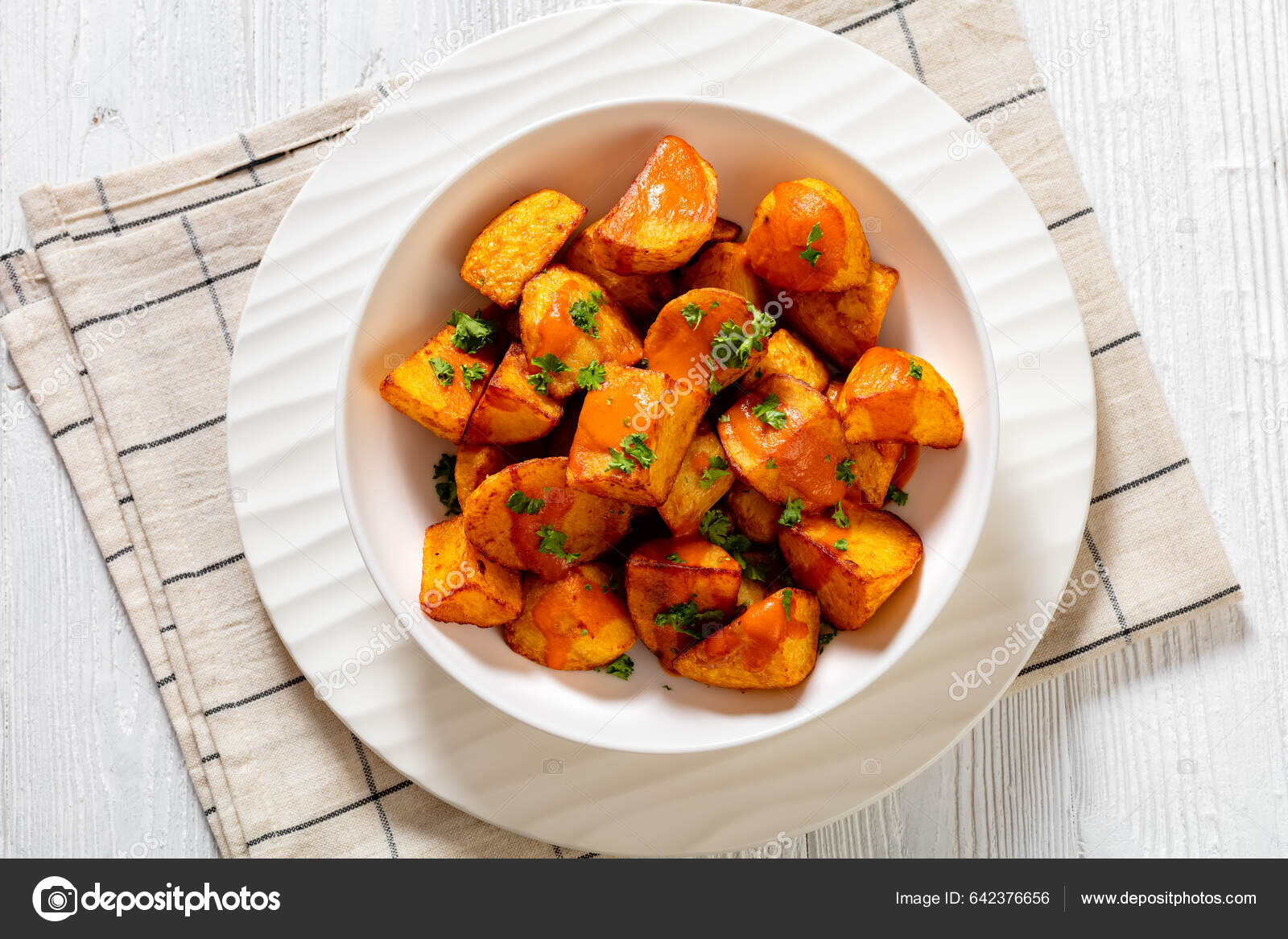 Patatas Bravas Deep Fried Potatoes Spicy Sauce White Bowl White Stock