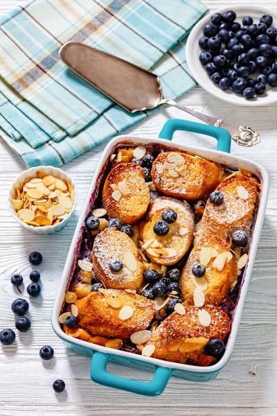 Baked Blueberry Almond Mascarpone French Toast Baking Dish Ingredients White — Stock Photo, Image