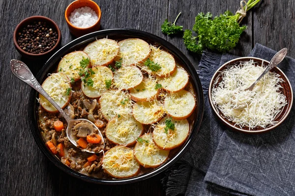 Baked Oven Ground Beef Stew Mushrooms Carrots Topped Potatoes Baking — Stock Photo, Image