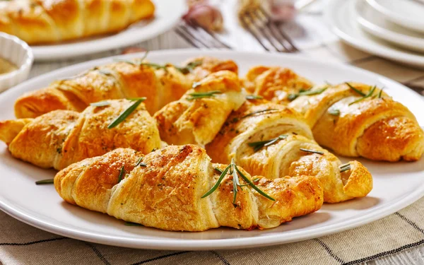 Savory Crescent Rolls Garlic Cheese Filling Sprinkled Fresh Rosemary Leaves — Stock Photo, Image