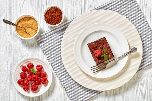 Chocolate Brownie Fresh Raspberry Mint Top White Plate Dessert Fork — Stock Photo, Image