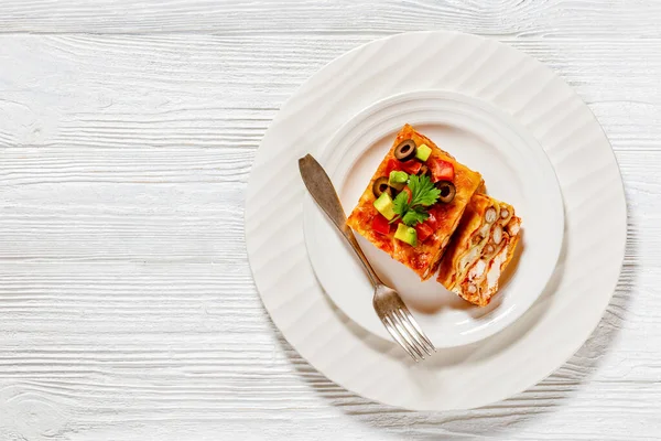 Portion Healthy Chicken Bean Gluten Free Lasagna White Plate Fork — Stock Photo, Image