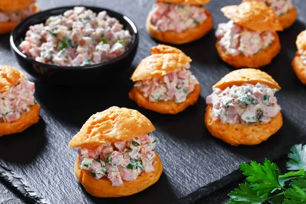 Ham Salad Serving Sandwiched Airy Gougeres Cheese Puffs Black Stone —  Fotos de Stock