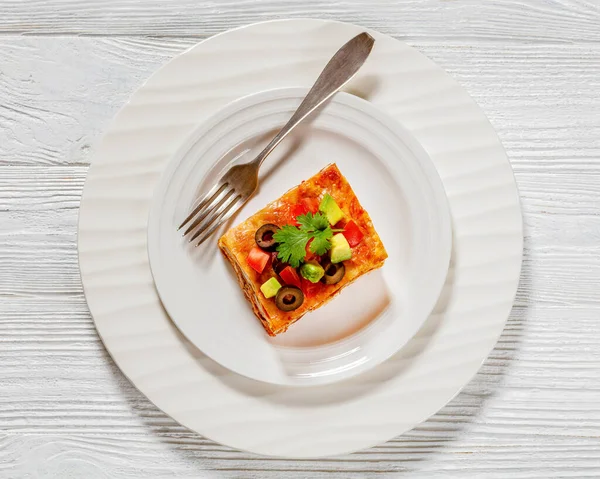 Close Portion Healthy Chicken Bean Gluten Free Lasagna White Plate — Stock Photo, Image