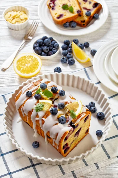 Lemon Blueberry Loaf Lemon Glaze Dish White Wood Table Ingredients — Stock Photo, Image
