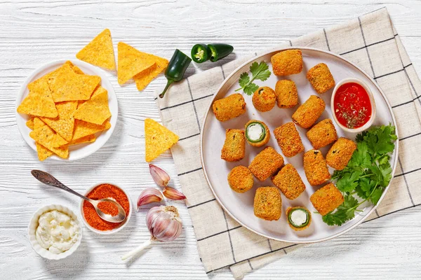 Crispy Fried Jalapeno Poppers Melted Cream Cheese Filling White Platter — Stock Photo, Image