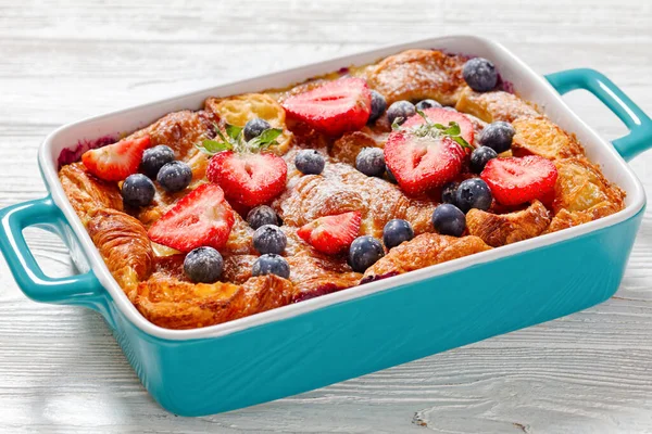 Close Sweet Croissant Breakfast Casserole Berries Blue Baking Dish White — Stock Photo, Image
