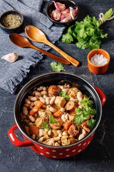 French Cassoulet Chicken Breast Meat Sausages White Beans Vegetables Red — Stock Photo, Image