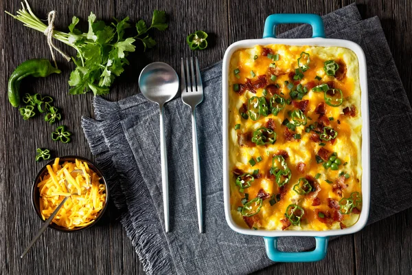 Loaded Smashed Potatoes Cheddar Cheese Cream Cheese Bacon Cream Baking — Stock Photo, Image