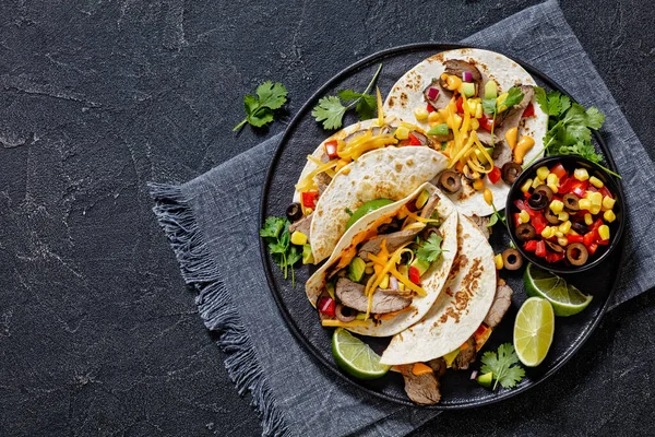 Beef Steak Tacos Olives Tomatoes Red Onion Avocado Corn Shredded — Stock Photo, Image