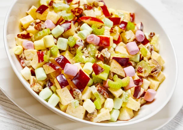 Close Sweet Apple Salad Celery Coloured Mini Marshmallows Pecan Nuts — Stock Photo, Image