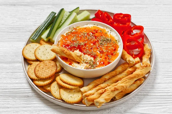 Hot Pepper Jelly Cheese Dip Bowl Served Crackers Salty Grissini — Stock Photo, Image
