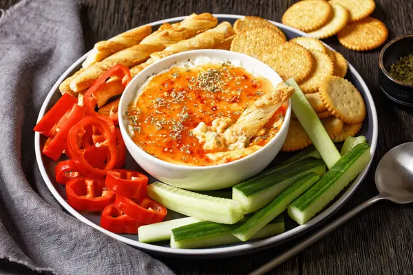 Hot Pepper Jelly Cheese Dip Bowl Served Crackers Salty Grissini — Stock Photo, Image