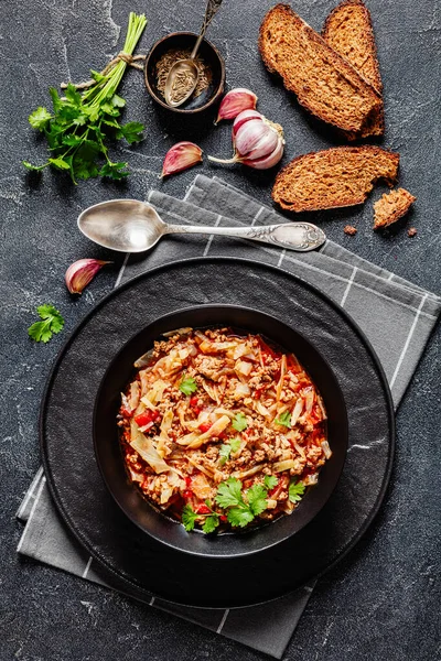 Ground Beef Cabbage Soup Hamburger Cabbage Soup Red Pepper Onion — Stock Photo, Image