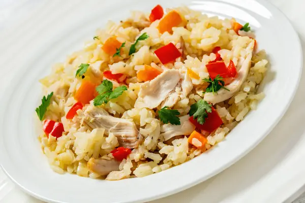 Chicken Fried Rice Red Pepper Carrots Onion White Plate White — Stock Photo, Image