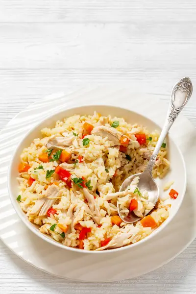 Chicken Fried Rice Red Pepper Carrots Onion White Bowl Spoon — Stock Photo, Image