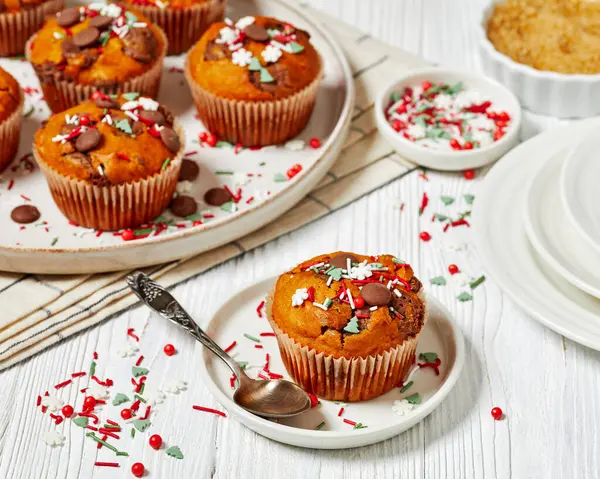 Christmas Sweet Potato Muffin Topped Holiday Sprinkles — Stock Photo, Image
