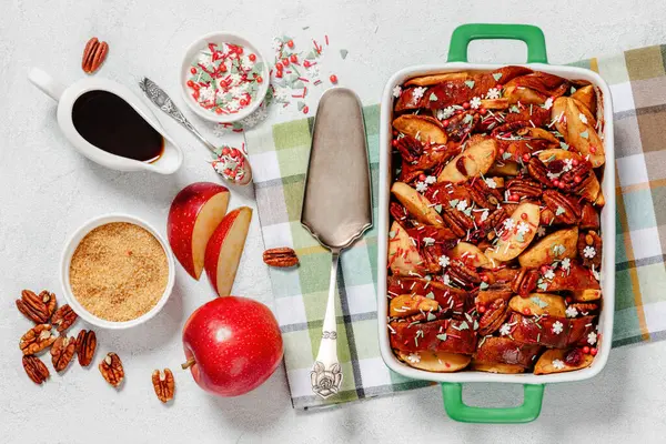 Baked Apple French Toast Topped Pecan Nuts Christmas Sugar Sprinkles — Stock Photo, Image