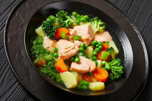 Delicious Salmon Green Peas Broccoli Potatoes Celery Carrot Green Herbs — Stock Photo, Image