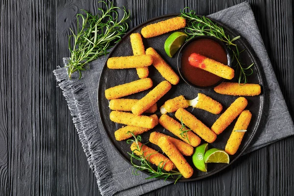 Mozzarella Sticks Breaded Fried Served Dipping Sauce Lime Slices Fresh — Stock Photo, Image