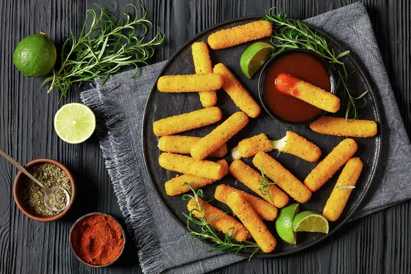 Mozzarella Sticks Breaded Fried Served Dipping Sauce Lime Slices Fresh — Stock Photo, Image