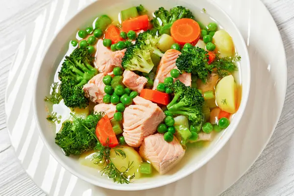 Salmon Green Peas Broccoli Potatoes Celery Carrot Green Herbs Soup — Stock Photo, Image