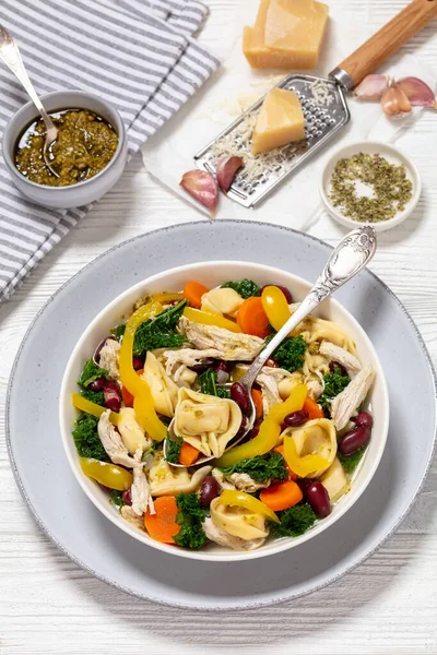Chicken Minestrone Soup Tortelloni Red Kidney Beans Kale Yellow Bell — Stock Photo, Image
