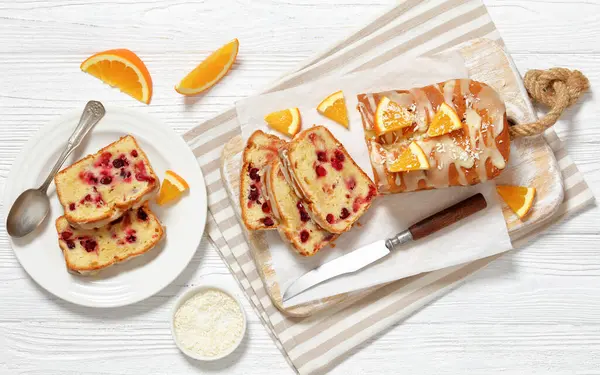 Deliious Orange Cranberry Bread Orange Glaze White Wooden Board Knife — Stock Photo, Image