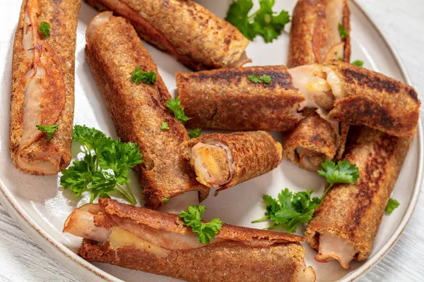 Close Ham Cheese French Whole Wheat Toast Roll Ups Served — Stock Photo, Image