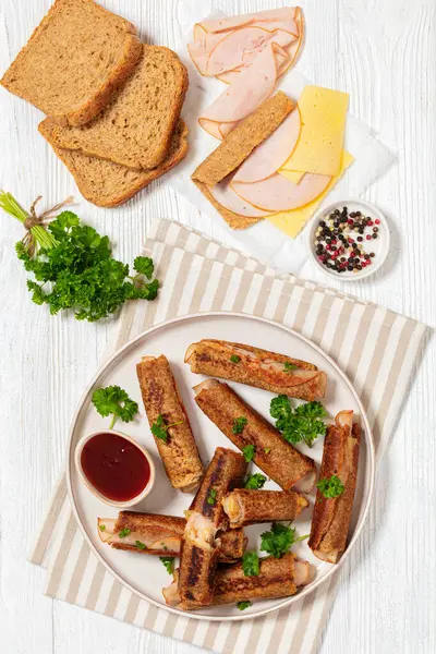 Ham Cheese French Whole Wheat Toast Roll Ups Served Sweet — Stock Photo, Image