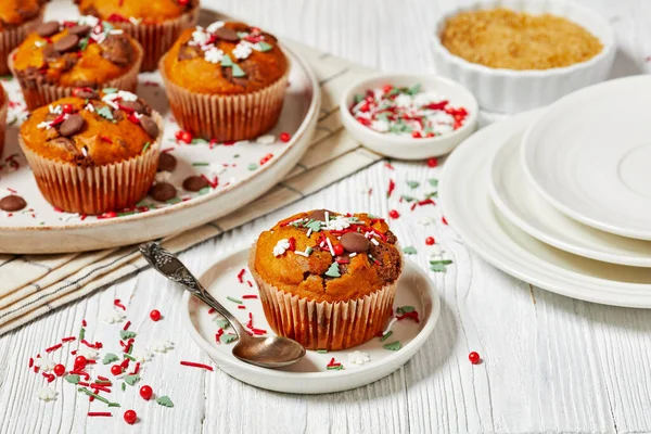Christmas Sweet Potato Muffin Topped Holiday Sprinkles White Plate White — Stock Photo, Image