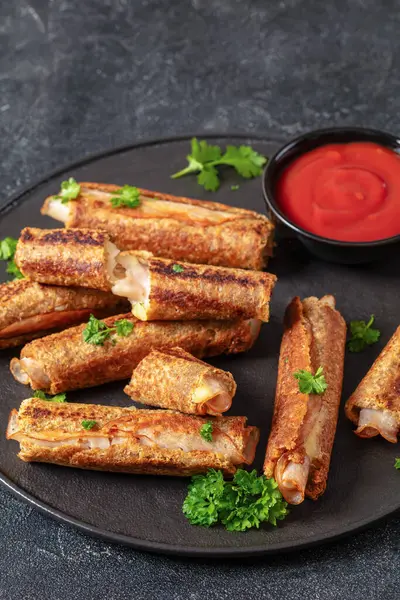Ham Cheese French Whole Wheat Toast Roll Ups Served Tomato — Stock Photo, Image