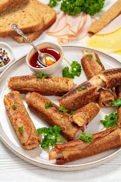 Ham Cheese French Whole Wheat Toast Roll Ups Served Sweet — Stock Photo, Image