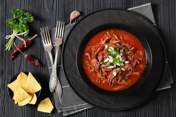 Birria Res Mexican Beef Stew Hot Red Pepper Sauce Raw — Stock Photo, Image